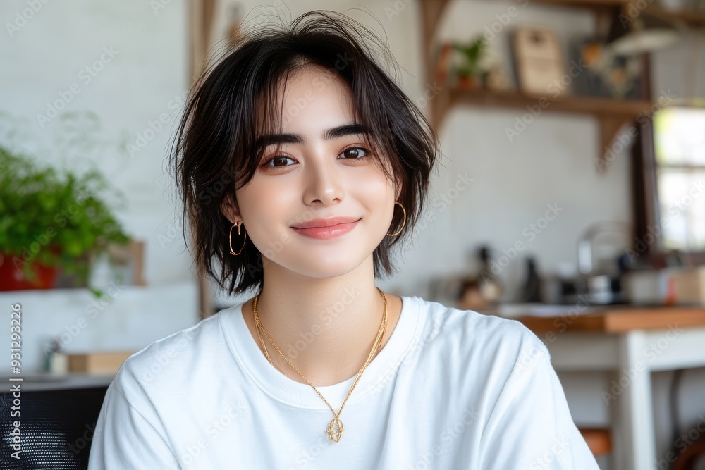 Smiling young woman with a casual hairstyle sitting in a cozy home environment exuding warmth friendliness and contentment in a well lit kitchen setting Smiling young woman with a casual hairstyle sitting in a cozy home environment exuding warmth friendliness and contentment in a well lit kitchen setting