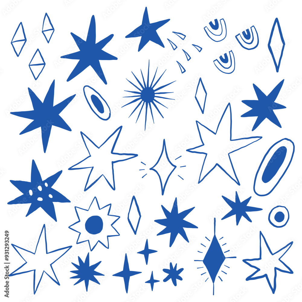 Fototapeta premium Assorted Blue Star and Geometric Shapes On White Background