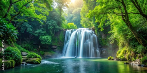 Serene waterfall flowing among lush green trees, waterfall, forest, nature, landscape, trees, stream, flow, serene