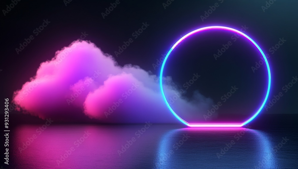 Abstract clouds illuminated with a neon light ring on a dark background Abstract clouds illuminated with a neon light ring on a dark background