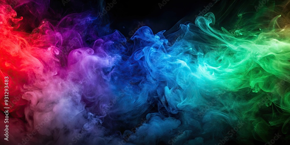 Obraz premium Intense smoke and fog whisps in contrasting vivid red, green, purple and blue colors on abstract background, smoke, fog, whisps