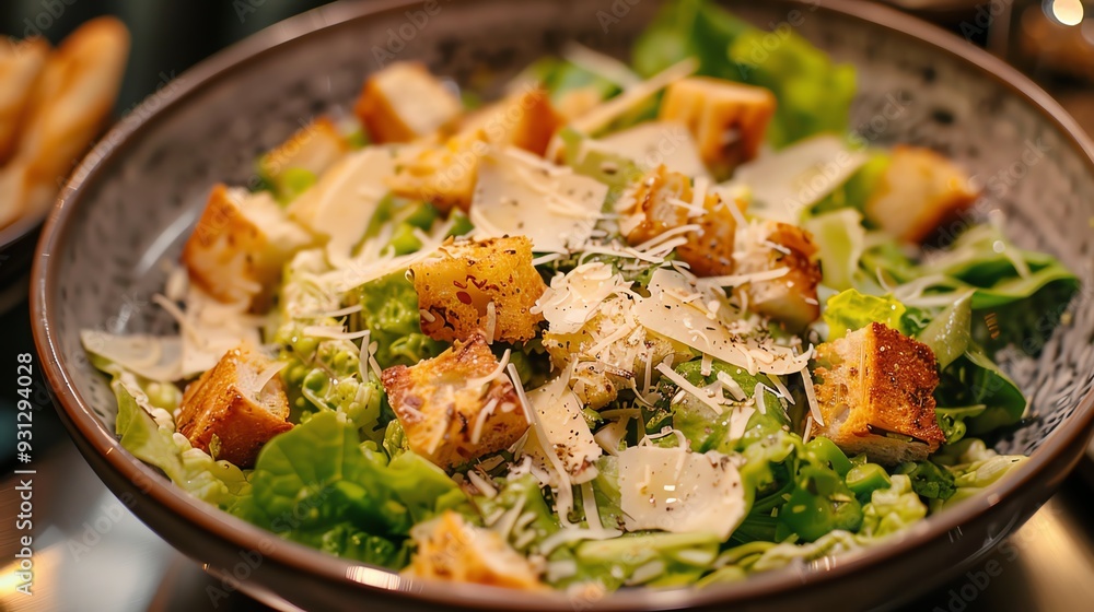 Fresh Caesar salad with crisp lettuce, croutons, and Parmesan cheese in a decorative bowl, perfect for a healthy meal option. Fresh Caesar salad with crisp lettuce, croutons, and Parmesan cheese in a decorative bowl, perfect for a healthy meal option.