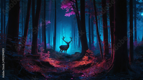 AI-Generated Fantasy of an Old Deer in a Luminous Forest