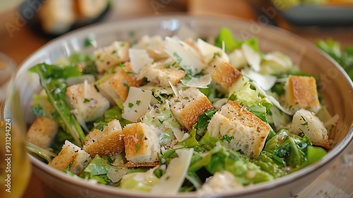 Delicious Caesar salad with fresh romaine lettuce, croutons, and Parmesan cheese in a white bowl, perfect for a healthy meal.