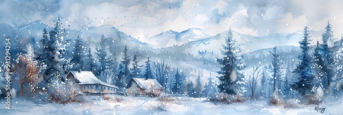 A soft watercolor painting of a serene winter landscape, featuring gently falling snowflakes, cozy cottages, and frosted pine trees. The scene captures the tranquility and beauty of a snowy day with a
