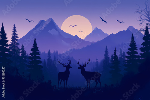 beautiful deer silhouette in forest mountains landscape illustration