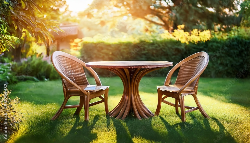 Fototapeta premium Al Fresco Dining: A Wooden Table Set in a Sunny Backyard