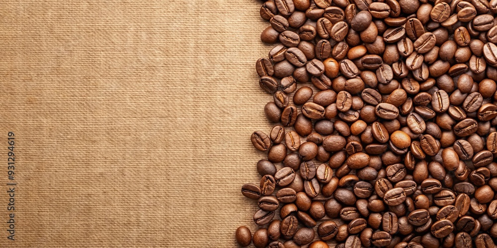 A pattern of aromatic coffee beans against a textured beige background A pattern of aromatic coffee beans against a textured beige background