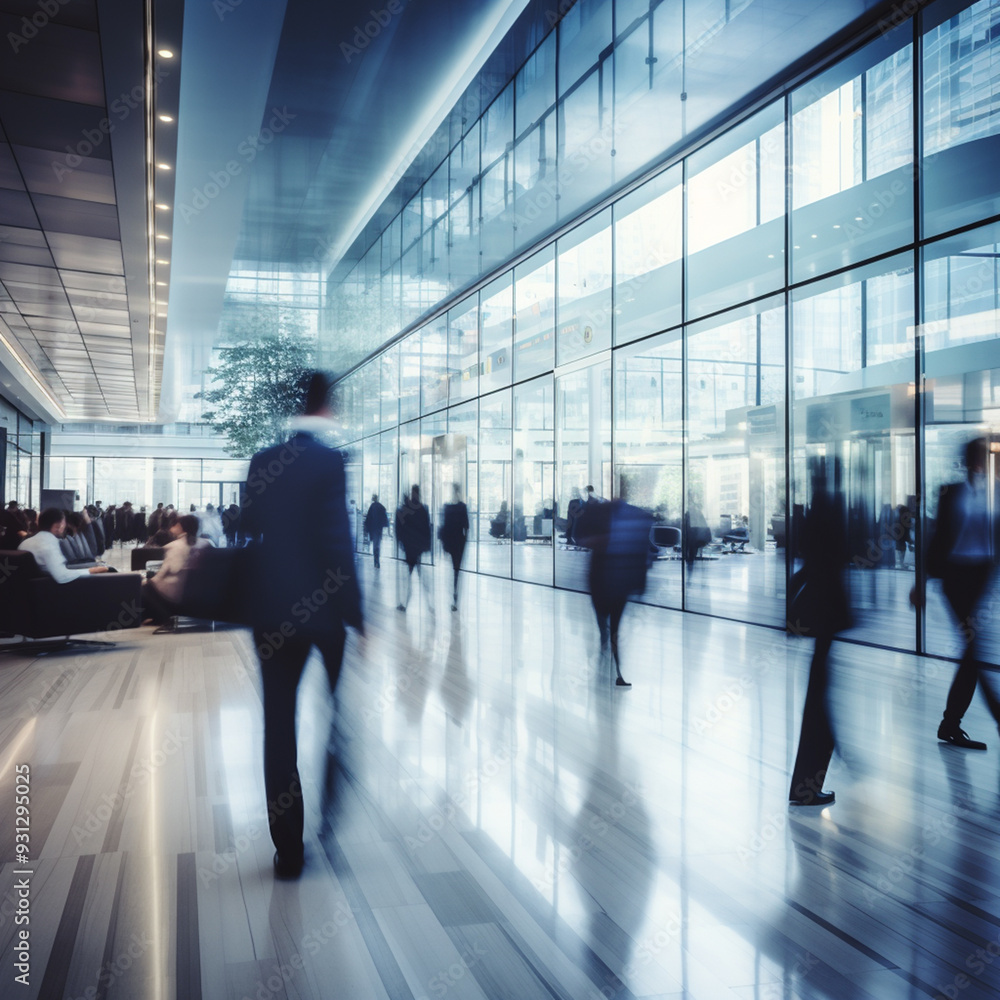 Long exposure shot of crowd of business people walking in bright office lobby fast moving with blurry Long exposure shot of crowd of business people walking in bright office lobby fast moving with blurry