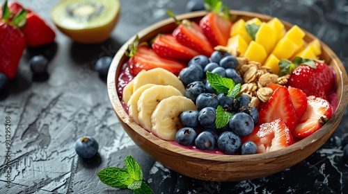 Healthy smoothie bowl topped with fresh fruit, granola, and mint leaves on a textured dark background.