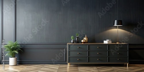 Black wall with a stylish black dresser , Kommode, furniture, interior design, modern, minimalist, storage, home decor photo