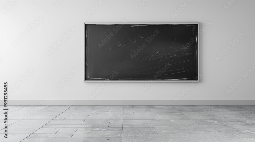 Minimalistic white wall with centered blank black chalkboard, symbolizing creative potential Minimalistic white wall with centered blank black chalkboard, symbolizing creative potential