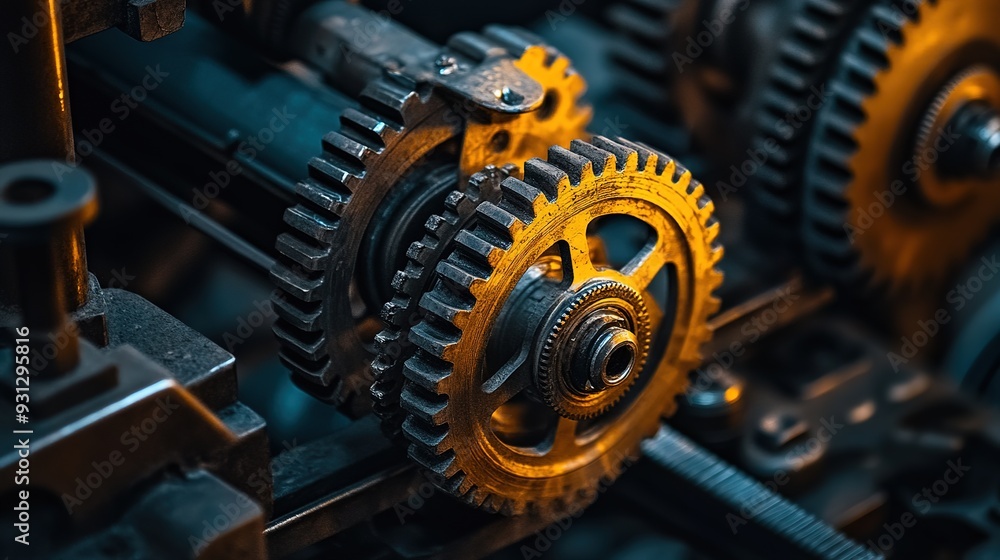 Close-up of intricate metal gears in a vintage machine illuminated by warm light in a workshop setting Close-up of intricate metal gears in a vintage machine illuminated by warm light in a workshop setting