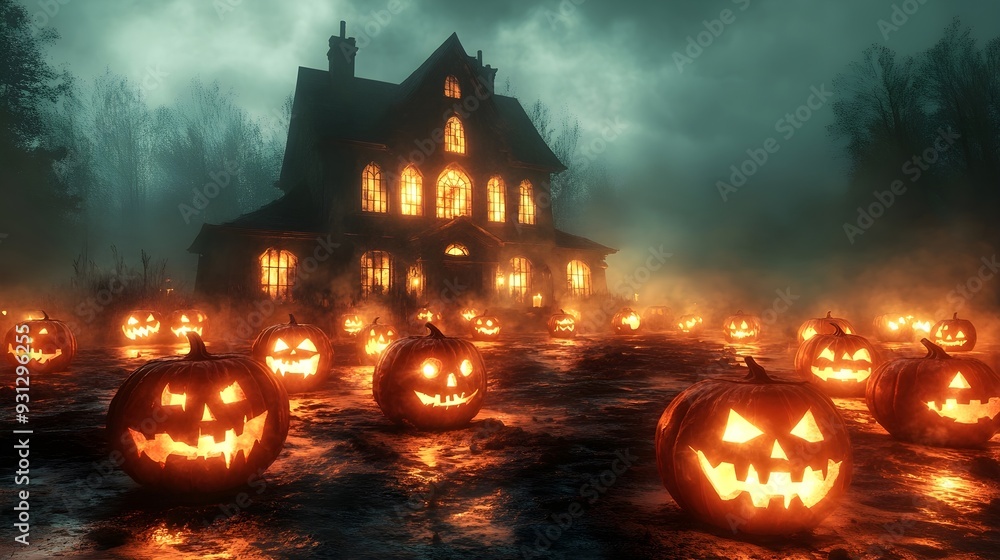 Haunted House Halloween Pumpkins Night Fog Haunted House Halloween Pumpkins Night Fog