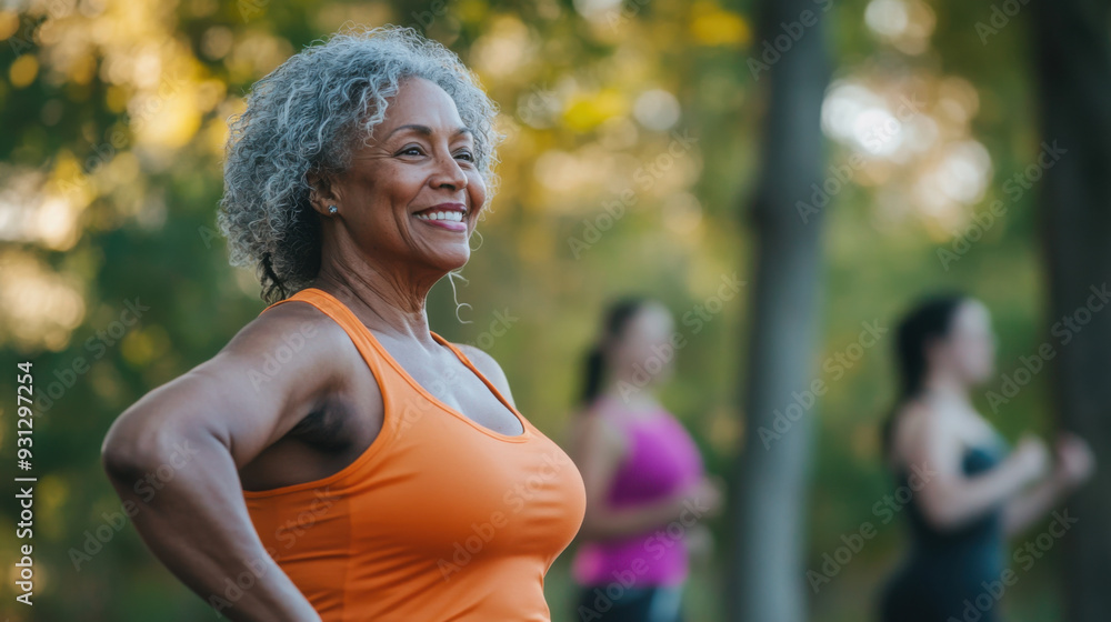 Mature woman participating in a group fitness class outdoors, surrounded by nature and fellow Mature woman participating in a group fitness class outdoors, surrounded by nature and fellow