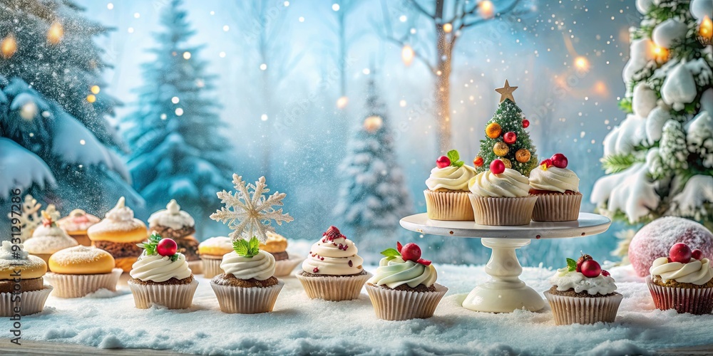 Winter wonderland dessert display with festive cupcakes, pastries, and cakes in snowy landscape , festive, winter, dessert Winter wonderland dessert display with festive cupcakes, pastries, and cakes in snowy landscape , festive, winter, dessert