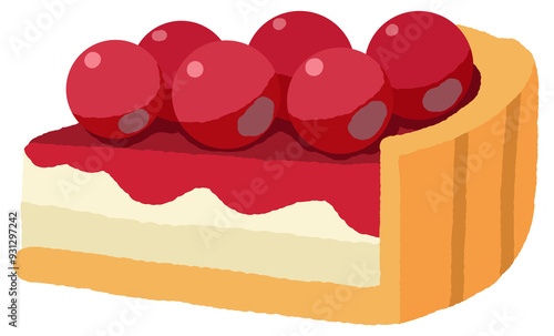 Slice of cherry cake cheesecake with red cherry jam on top vector illustration. Sweet cherry pie icon vector isolated on a transparent background.