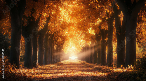 Autumn scene with fall trees lining a path, casting a golden glow from the sunlight on the surrounding leaves. --ar 16:9 --v 6.1 Job ID: 9384c67f-0539-4dd8-b924-4fd38c6dbfdf photo