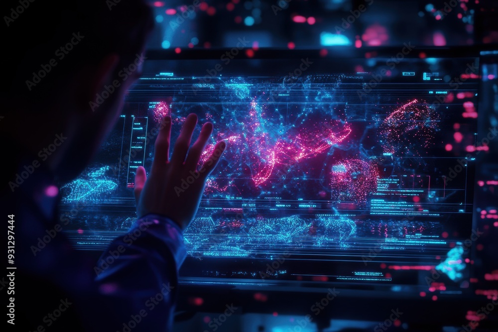 Obraz premium Futuristic taxonomy holograph showcasing complex biology research and biochemistry interactions