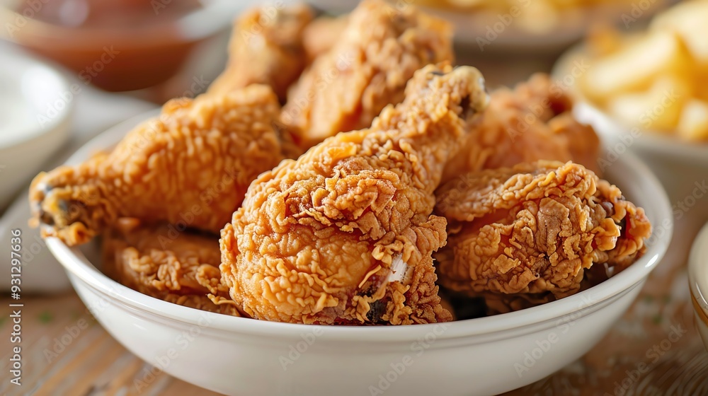 Crispy, golden fried chicken drumsticks in a white bowl, perfect for a delicious meal or snack. Crispy, golden fried chicken drumsticks in a white bowl, perfect for a delicious meal or snack.