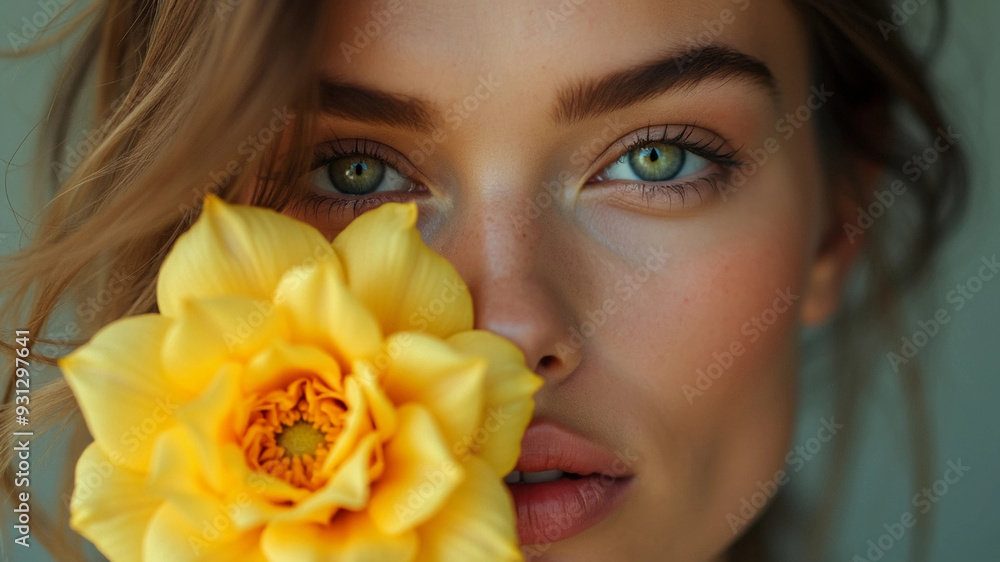 Beautiful portrait of a young woman surrounded by yellow and orange flowers. Beautiful portrait of a young woman surrounded by yellow and orange flowers.