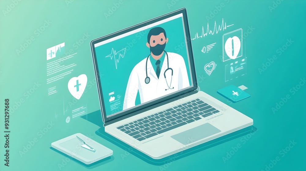 Virtual Healthcare Consultation on Laptop Representing Efficient and Modern Medical Care Digital of doctor on screen during online medical appointment with space for text overlay Virtual Healthcare Consultation on Laptop Representing Efficient and Modern Medical Care Digital of doctor on screen during online medical appointment with space for text overlay