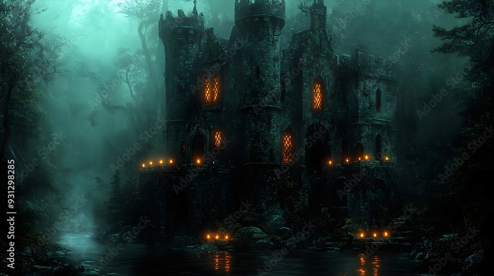 Mysterious Castle in Foggy Forest with River Mysterious Castle in Foggy Forest with River