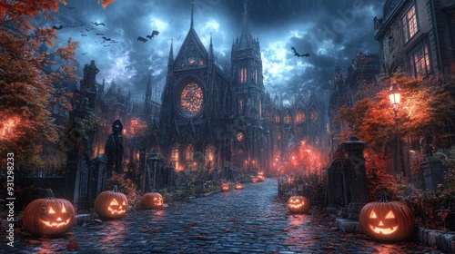 Gothic cathedral with jack-o'-lanterns and lightning