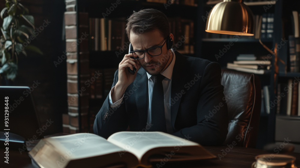 Modern office setting, businessman on a call while searching for details in a traditional book Modern office setting, businessman on a call while searching for details in a traditional book