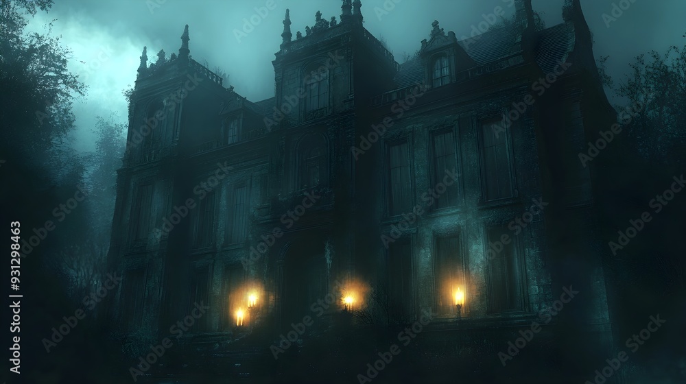 Mysterious Foggy Mansion with Glowing Windows Mysterious Foggy Mansion with Glowing Windows