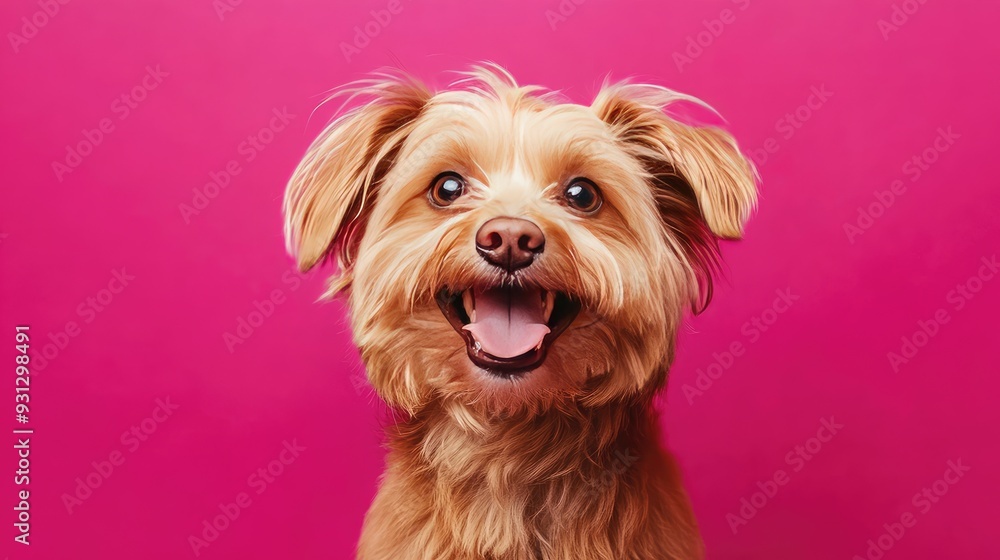 A happy dog with brown fur and a pink background. A happy dog with brown fur and a pink background.