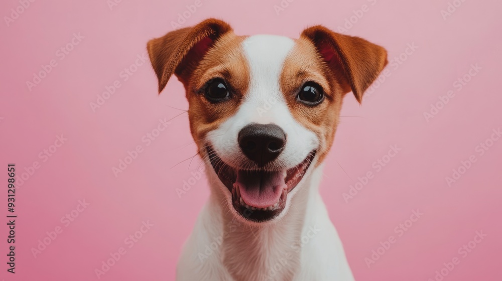 A happy dog with brown fur and white markings sits against a pink background. A happy dog with brown fur and white markings sits against a pink background.
