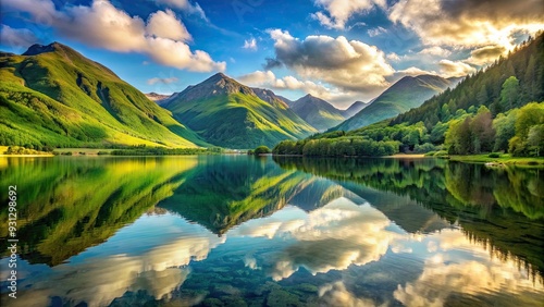 Scenic landscape background with lush green mountains reflecting in a calm lake , scenery, nature, mountains, lake