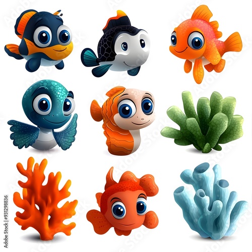 Cute Cartoon Underwater Animals and Marine Life on White Background photo