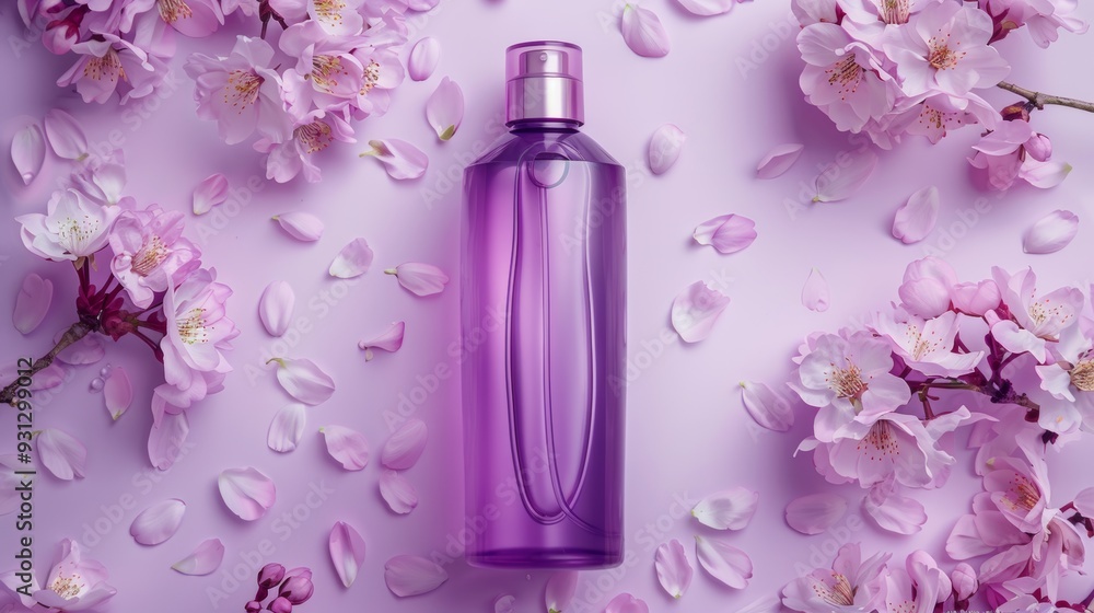purple glass bottle of body spray surrounded by cherry blossoms on pastel lavender background, flat lay composition, high-resolution photography purple glass bottle of body spray surrounded by cherry blossoms on pastel lavender background, flat lay composition, high-resolution photography
