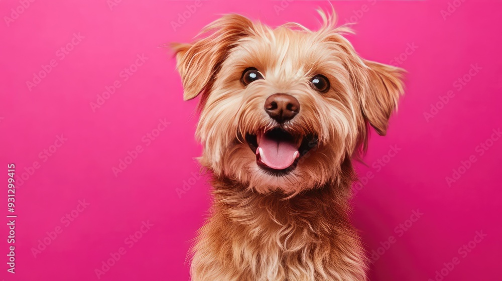 A small dog with fluffy brown fur, looking up with a happy expression, on a pink background. A small dog with fluffy brown fur, looking up with a happy expression, on a pink background.