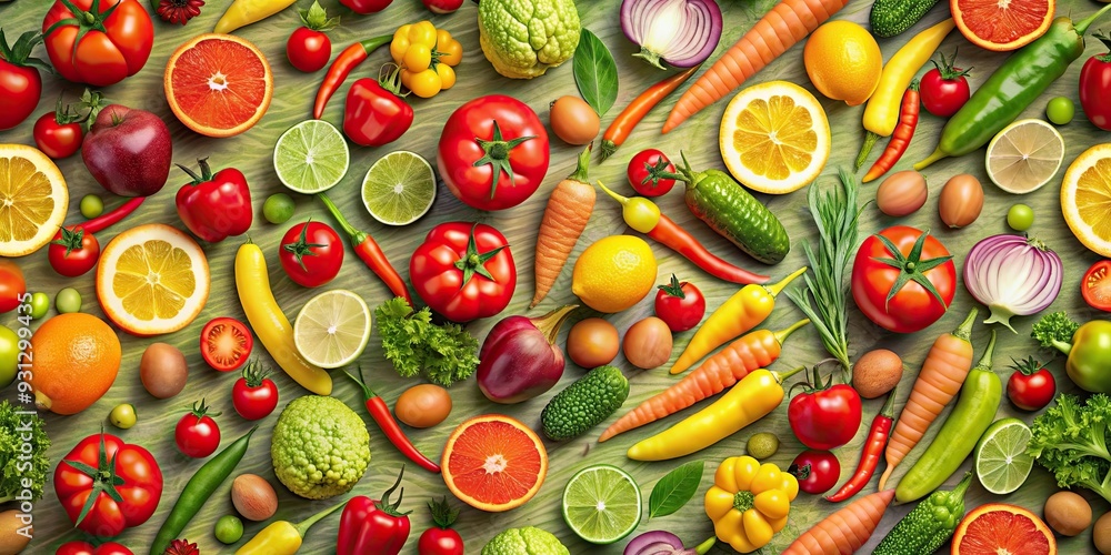 Colorful seamless pattern of various fruits and vegetables including tomatoes, carrots, peas, and lemons, produce, fresh Colorful seamless pattern of various fruits and vegetables including tomatoes, carrots, peas, and lemons, produce, fresh