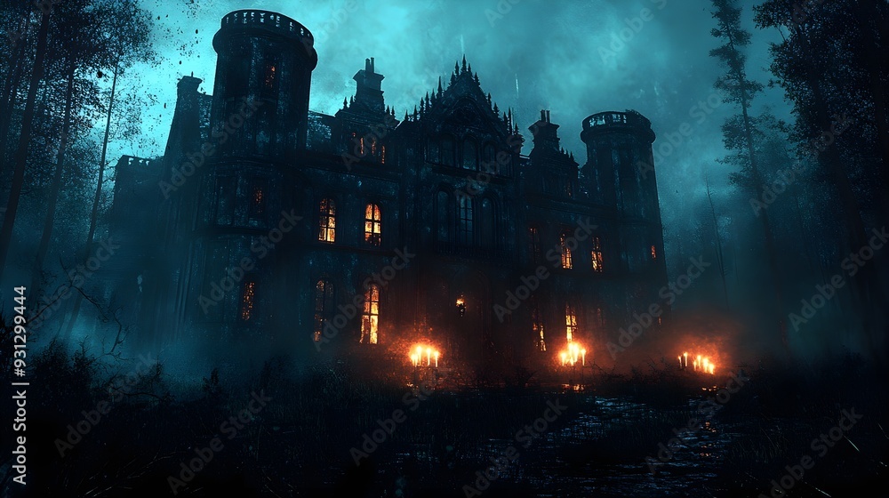 Mysterious Haunted Castle in Dark Forest at Night Mysterious Haunted Castle in Dark Forest at Night