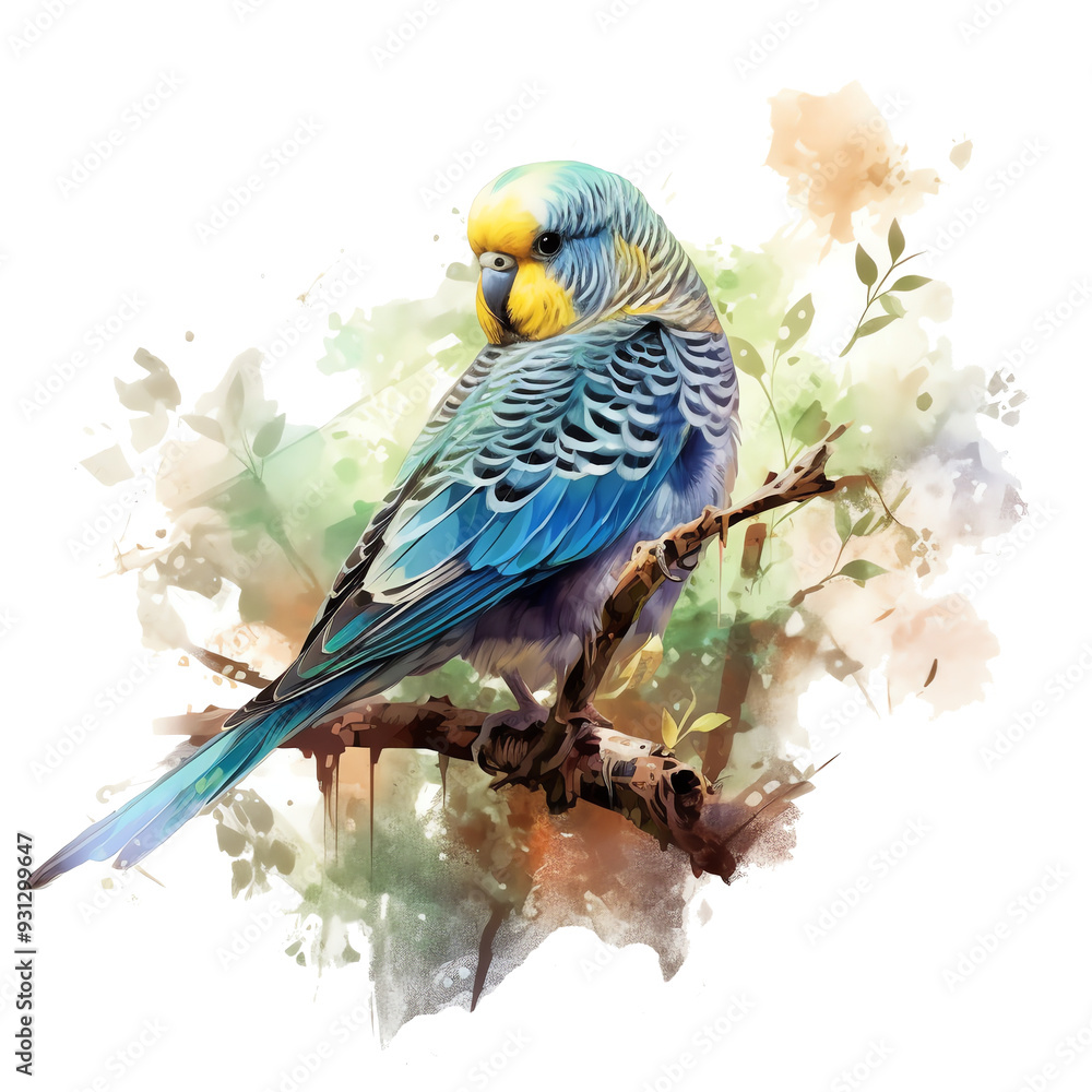 Obraz premium Watercolor illustration of budgies isolated on a transparent background, blue and green parrot ,budgerigar , bird, transparent background PNG