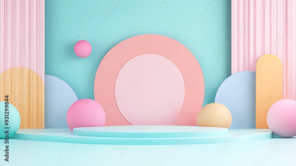 Fototapeta premium Colorful abstract geometric background with pastel colors, shapes, and podium. Perfect for product display, presentations, or graphic design projects.