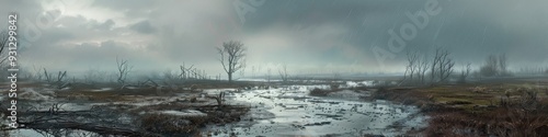 Cool day after rain with a cloudy sky and standing water on a post-apocalyptic landscape. photo