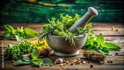 Fresh herbs being crushed in a mortar and pestle , culinary, spices, organic, cooking, preparation, kitchen, green