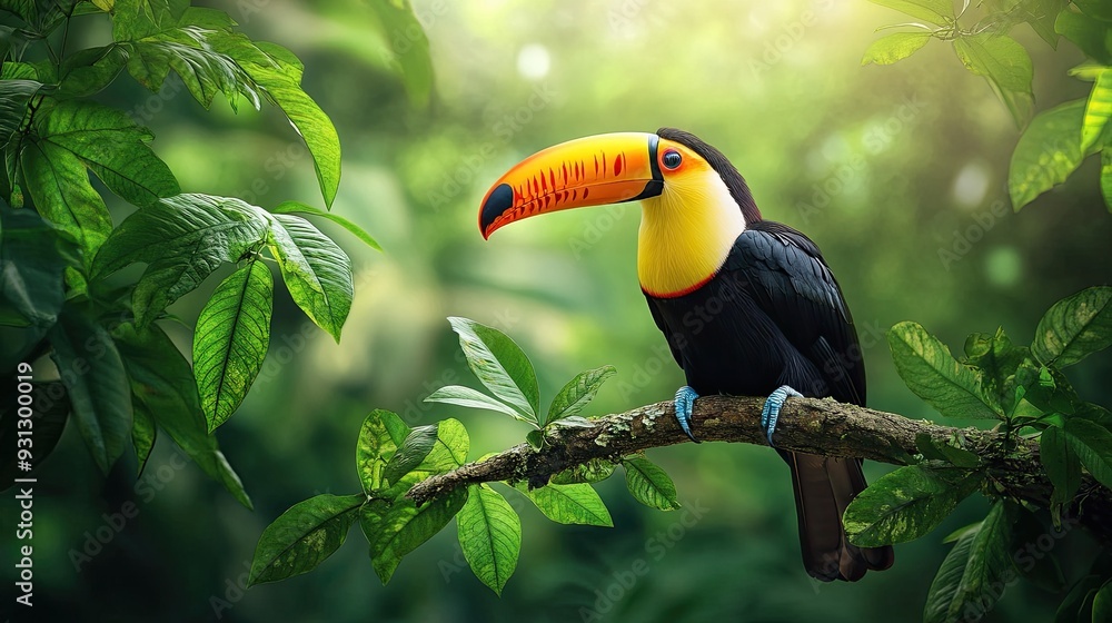 A toucan with a large orange and yellow beak perches on a branch in a lush green rainforest. A toucan with a large orange and yellow beak perches on a branch in a lush green rainforest.