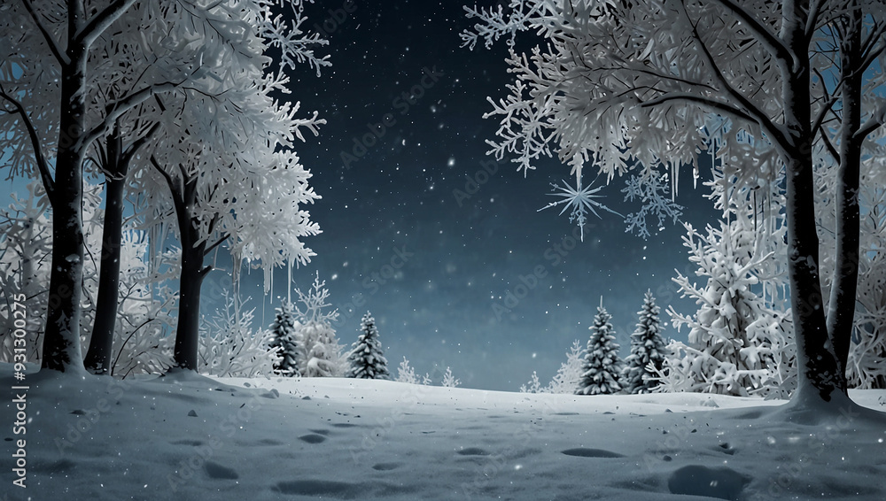 Winter wonderland background featuring snowflakes, icicles, and snowy trees along the edges Winter wonderland background featuring snowflakes, icicles, and snowy trees along the edges