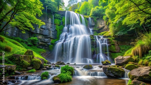 A stunning waterfall cascading down rocks surrounded by vibrant green trees and foliage, waterfall, lush, green, forest