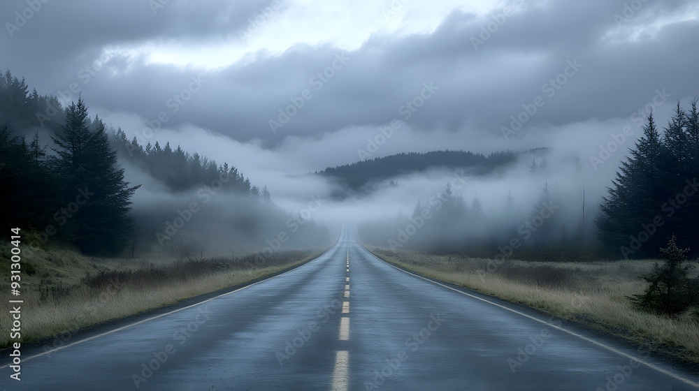 A desolate road stretching into the misty distance, gray clouds looming overhead, distant trees shrouded in fog, atmospheric and foreboding, rule of thirds emphasizing the horizon A desolate road stretching into the misty distance, gray clouds looming overhead, distant trees shrouded in fog, atmospheric and foreboding, rule of thirds emphasizing the horizon