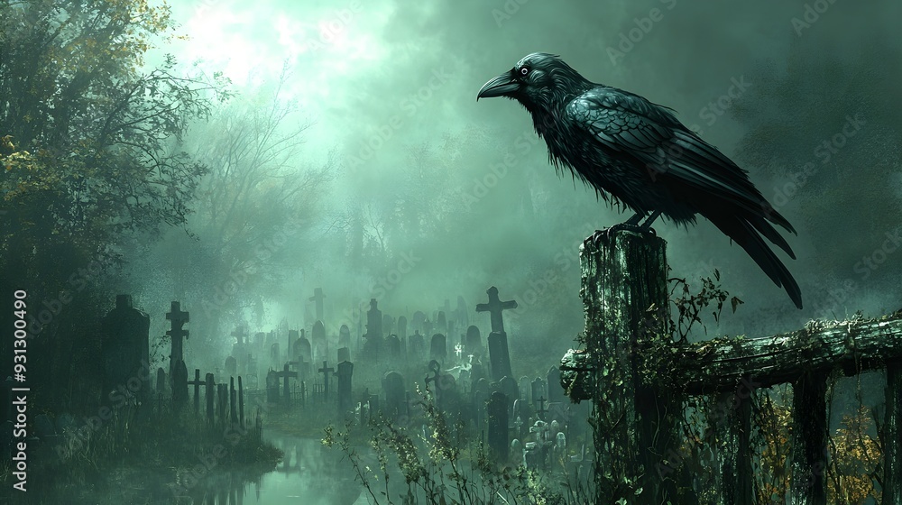 Fototapeta premium Raven on a Graveyard Fence in Foggy Forest