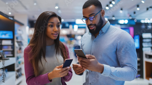 Multiethnic customer and salesperson discussing smartphone options in a sleek,