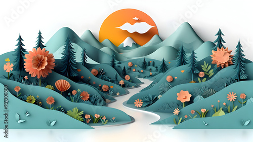 Vibrant Papercraft Landscape with Winding River Through Pastoral Countryside