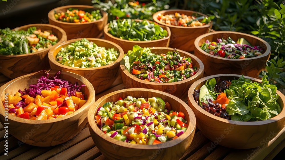 A variety of colorful salads in wooden bowls, vibrant hues, soft daylight, photorealistic style, crisp textures, refreshing and healthy atmosphere, serene mood A variety of colorful salads in wooden bowls, vibrant hues, soft daylight, photorealistic style, crisp textures, refreshing and healthy atmosphere, serene mood